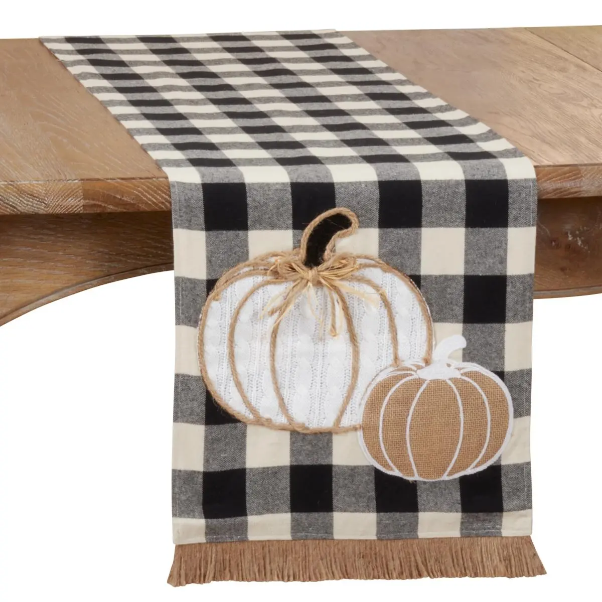 SARO 4165.BW1472B 1-Piece Checkered Weave Fabric Table Runner, Buffalo Plaid & Pumpkin Motif, for Home Kitchen Fall Decor Textile