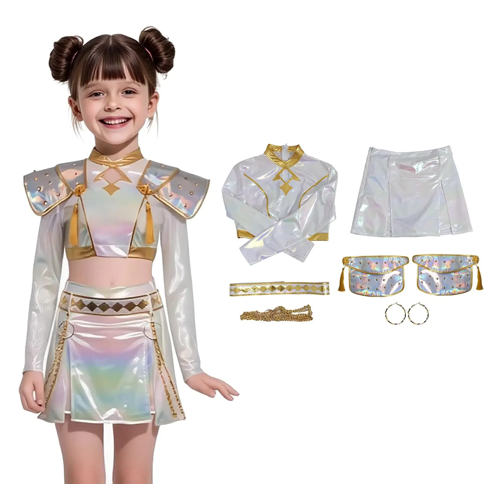 Viral KPop Dance Skirt Outfit Set for Girls, Sparkly Top and Skirt Costume for Halloween Performance Party