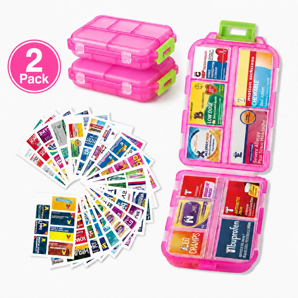 2-Pack Pocket-Size Pill Organizer – 10 Compartments Each with 147 Pre-Printed Labels, Portable Medicine Case for Travel, Commute, Home & Office – BPA-Free, Dual-Lock