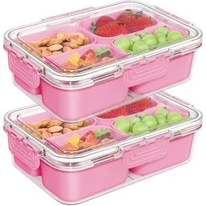 2-Pack Small Snack Box Container with Lid, 4-Compartment Divided Snack Tray for Candy, Fruit, Nuts and Delicatessen, Compact Food Storage Box for Travel, Parties, Picnics and Daily Use, Lightweight, Easy to Open