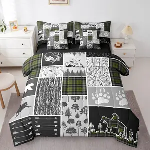 Feelyou 7-Piece Rustic Farmhouse Comforter Set - Bed in a Bag with Breathable Soft Blanket, Sage Green Plaid Grid Sheets, Western Cowboy Queen Bedding for Kids' Bedroom Decor, Bedding Sets