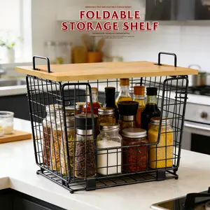 Foldable Wire Storage Basket with Bamboo Cutting Board Lid, Multi-Use Organizer for Outdoor Camping, RV Kitchen, Pantry & Countertop Storage