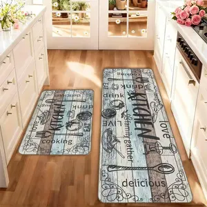 2-Piece Kitchen Rug Set, Washable Kitchen Rugs Non-Slip Low-Profile Floor Mats, Wood Texture Design for Kitchen Laundry Room & Hallway Decor, Washable Area Rug