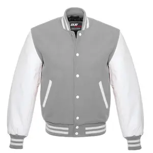Letterman Varsity Jacket Wool & Real Leather Gray/White Collar Cotton