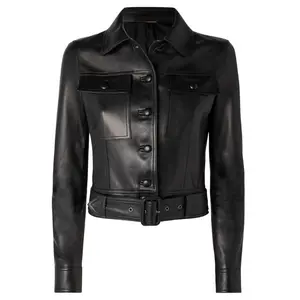 Women's Cropped Belted Leather Biker Jacket