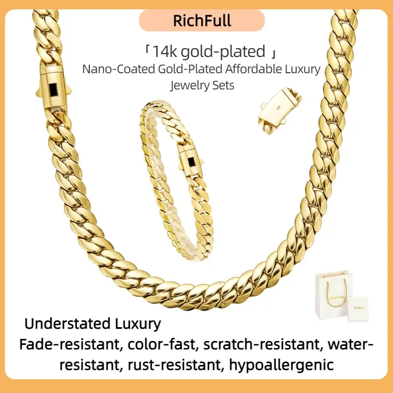 14K gold-plated light luxury jewelry Cuban chain and bracelet set.10 mm nano electroplated gold coating.Stainless steel chain.Polished finish with a snap fastener—understated luxury.Daily wear, party occasions, swimming and fitness, couples’ wear, gift bo