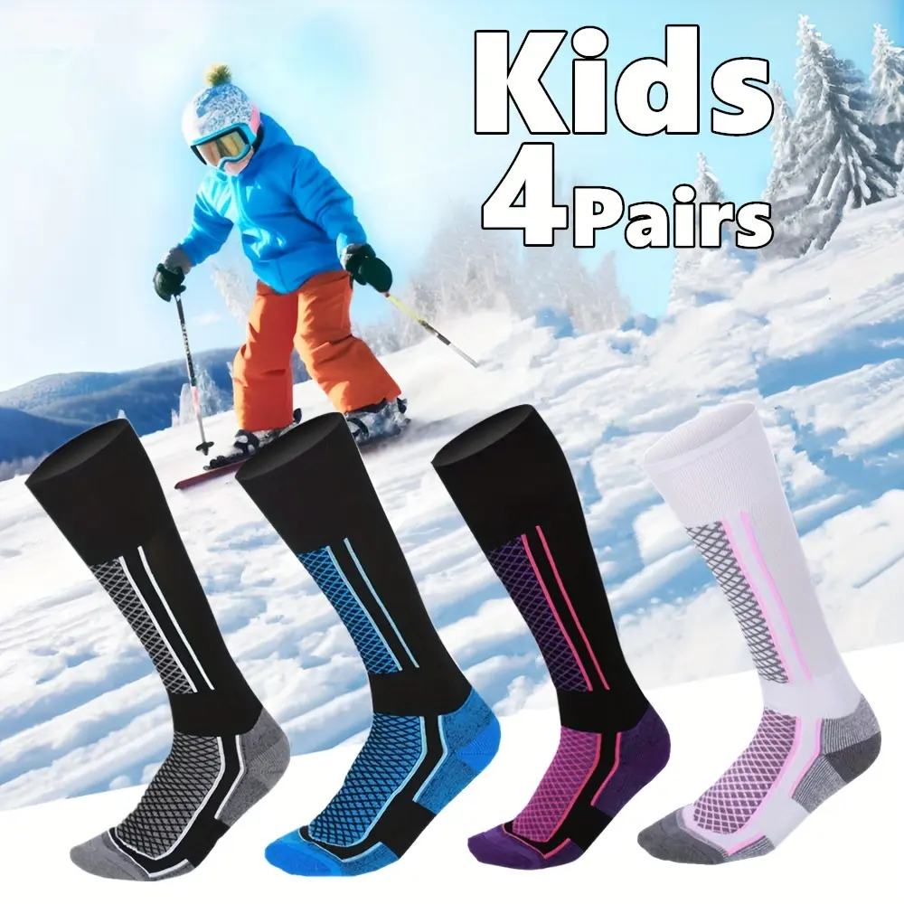 [Winter Socks] Thickened Breathable 4-Pack Long Winter Socks |       for Boys and Girls Aged 7-12, Ideal for Ice Skating, Hiking, Skiing, and Outdoor Sports-DY