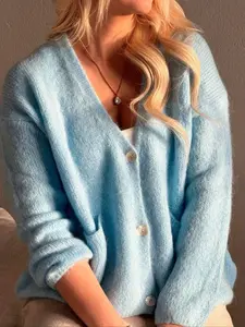 Autumn Winter New Light Blue V-Neck Button Knit Cardigan, Loose Soft Skin-Friendly Fit, Casual Commuter Wear, Versatile Gentle Style Top, Knitwear, Womenswear, Basic, Knitting, Garments