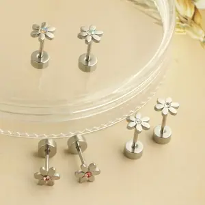 1 Pair Of Stainless Steel Cartilage Earrings, Cute Flower  Stud Mini Barbell For Tragus, Helix, Conch, Rook Piercings, Small Dainty Earrings