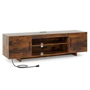 COSTWAY - TV Stand with Power Outlet and 2 Cable Holes for 65 Inch TVs-Rustic Brown