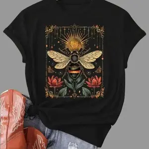 Celestial Bee T-Shirt, Mystical Sun Lotus Graphic Tee, Witchy Boho Casual Outfit, Vintage Insect Art Shirt