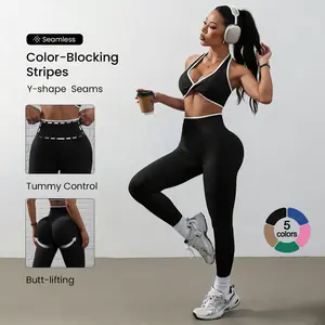 Women 2 Piece Yoga Set High Waist Butt Lifting Leggings Halter Sports Bra Workout Fitness Gym