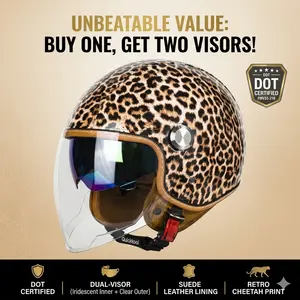 Retro Leopard Print 3/4 Open Face Motorcycle Helmet - Dual Visor System with Premium Suede Lining - Vintage Style Protective Gear for Men & Women