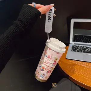 Coffee mug ~ 530 ml / 17.92 oz insulated mug，Strawberry Shortcake & Friends Pink Strawberry Pattern PrintDouble-walled, leak-proof, travel mug with handle; perfect for coffee lovers, art enthusiasts, sports enthusiasts, and those seeking a gift.