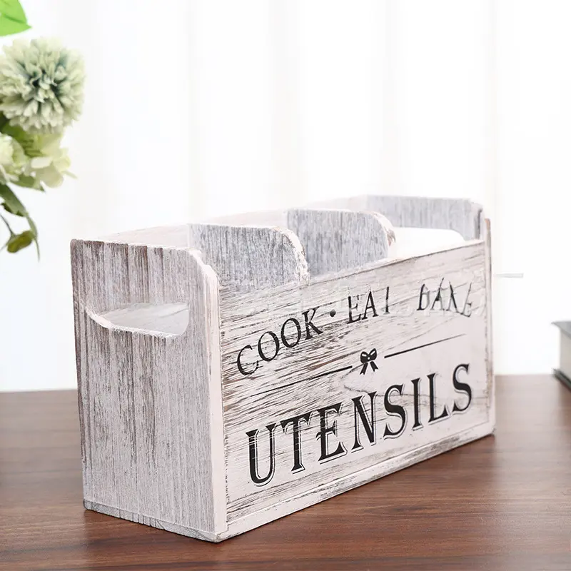 3-Compartment Retro Wooden Kitchen Utensil Holder, Organizer with "Cook Eat Bake" Design for Farmhouse Kitchen Decor & Gift Ornaments