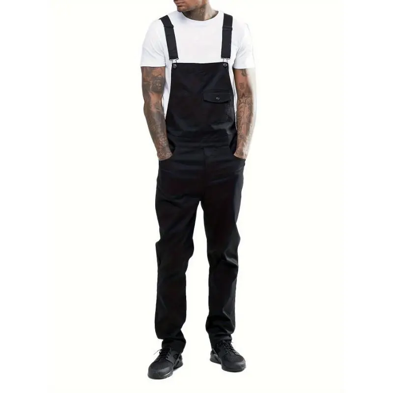 Men's Slim-Fit Black Denim Overalls With Adjustable Straps, Distressed Ripped Design, And Pockets - Casual Hippie Jumpsuit For All Seasons, Everyday Fashion| Hippie Style Suit| Sleek Black Jumpsuit, Denim Jumpsuit