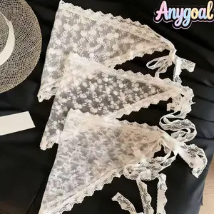 Anygoal Women's French Style Floral Lace Triangle Head Scarf, Sheer Embroidered Bandana Headwrap with Ties, Boho Cottagecore Lightweight Kerchief,Chapel  Adjustable Ruffled Trim Hair Scarf for Summer Daily Wear, Beach Travel and Casual Outfits summervibes
