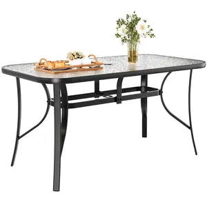 Arlopu Patio Outdoor Table W/ 1.69″  Umbrella Hole, 30"X 55" Rectangular Tempered Glass Patio Dining Table For 6,  Outdoor Metal Furniture, All-Weather Use, for Patio, Graden, Backyard, Poolside