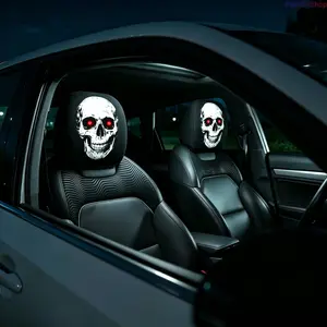 2-Pack Red-Eyed Skull Car Headrest Covers, Elastic Stretch Horror Gothic Style Prank Decor, Universal Auto Seat Head Protective Car Accessories