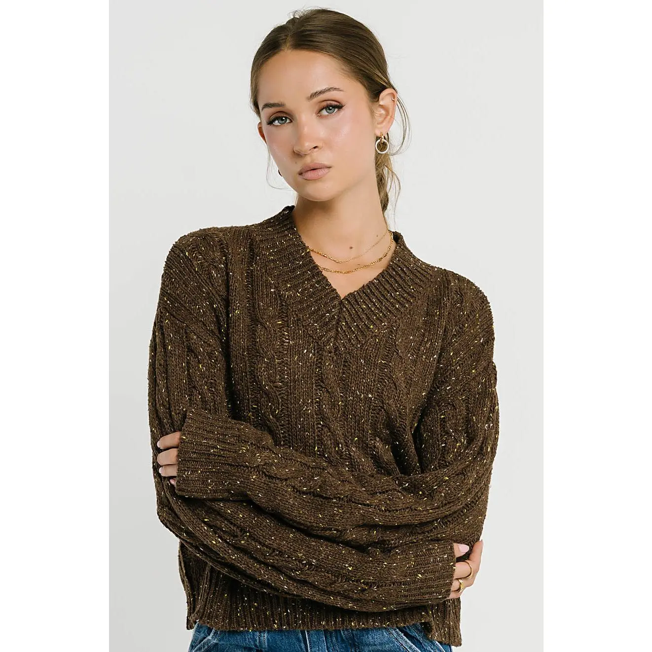 Women's Speckled Cable Knit V-Neck Polyester-Wool Blend Longsleeves Top - Ribbed Hem, Cold Wash, Hang Dry, XS Size Women's Knitwear Top