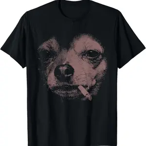 Funny Smoking Chihuahua Meme Graphic Cotton T-Shirt, Cute Casual Oversized Crew Neck Tee, Perfect Gift For Dog Lovers & Friends
