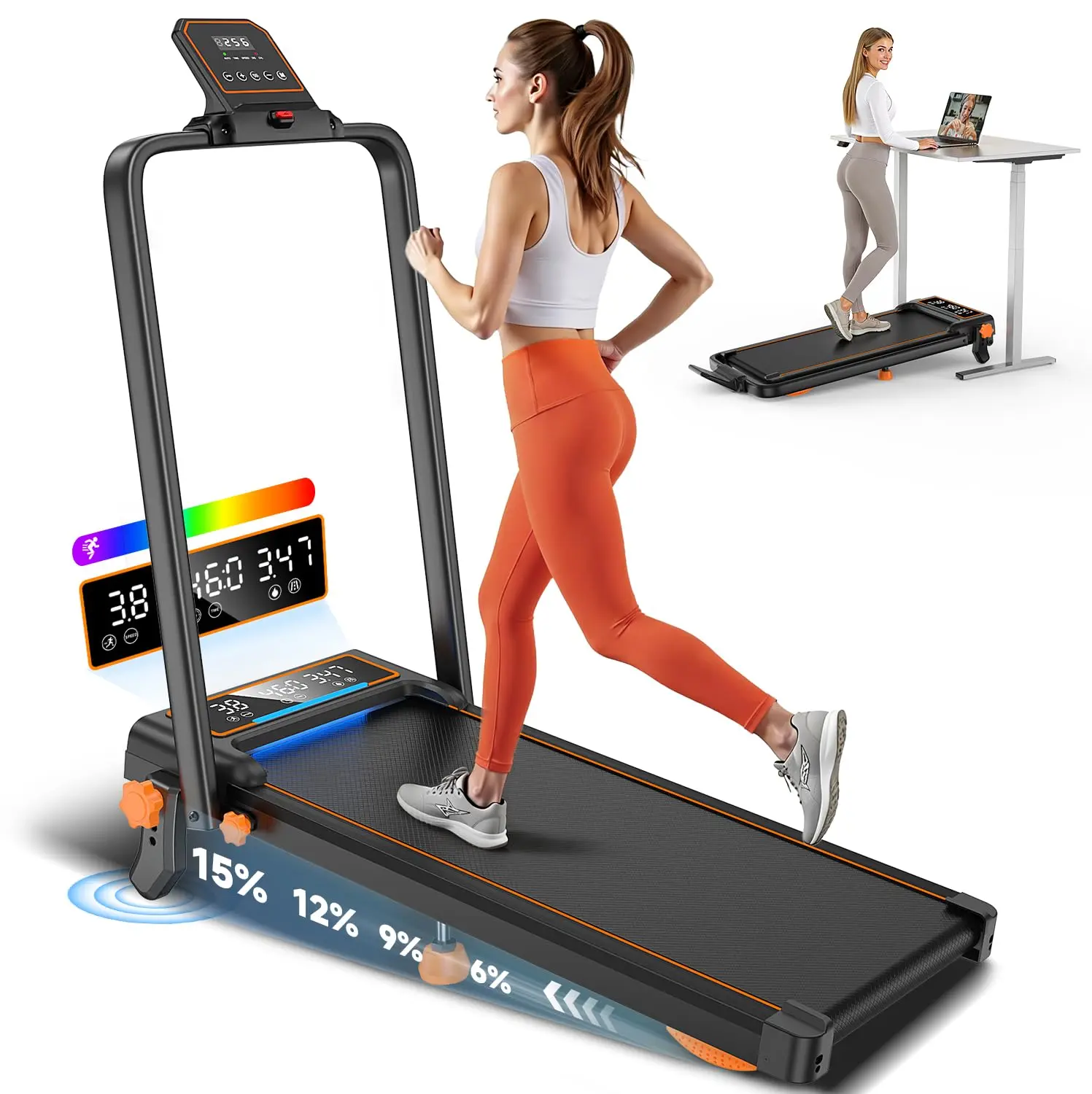 3.5HP Foldable Walking Pad with 15% Incline & RGB Light, Portable Desk Treadmill with Dual Display, Height Adjustable Handlebar, 350lbs Max
