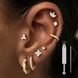 8Pcs 14K Gold Plated Earring Set, Dainty Huggie Hoop Flat Back Stud Earrings, Hypoallergenic Synthetic Zircon Flower Hoops for Multiple Piercings, Retro Trendy Stack Jewelry, Free Storage Box Ear Grabber, Women Daily Music Festival Party Jewelry Gifts