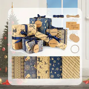 10 Sheets of Birthday Wrapping Paper Set Kraft Wrapping Paper,Christmas Wrapping Paper with 5 M Ribbon, 10 Kraft Paper Labels, 10 Message Cards, 1 Double-Sided Tape Gift Boxes