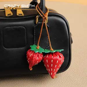 Handmade Genuine Leather Bag Charm Strawberry Keychain Purse Charms Bag Pendant for Handbags Gift Bag Accessories Charms