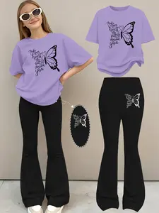 2-Piece Girls' Summer Fashion Set: Printed Drop-Shoulder Short-Sleeve Round-Neck T-Shirt + Stretch Flared Pants, Girls' Long Pants Set