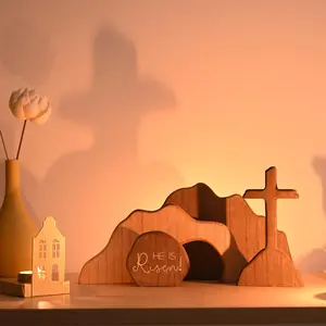 Wooden Resurrection Scene Easter Decoration, Empty Tomb with Cross Lamb and Leaves, Christian Farmhouse Decor, Rustic Aesthetic, Stylish Religious Decor, Religious Home Decor, Religious Supplies, Religious Decorations
