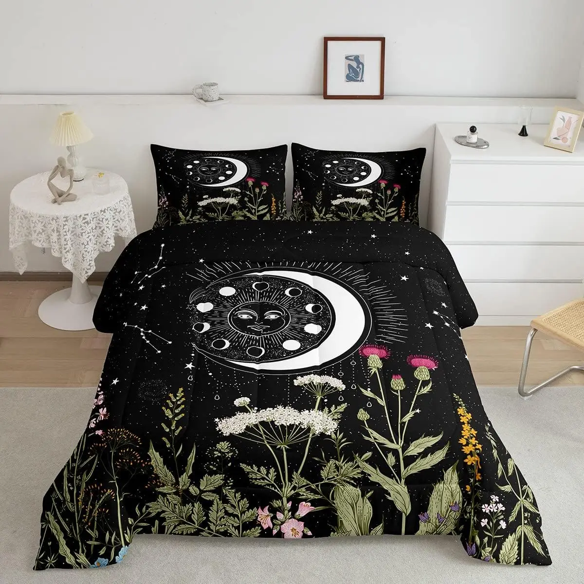 Sun Moon Comforter Set,Twin Full Queen King Size,Space Constellations Bedding Set Black,Galaxy Botanical Comforter, Cozy Soft All Season Duvet Set with Pillowcase Room Decor, Bedroom Bedding Set, Breathable Duvet Set