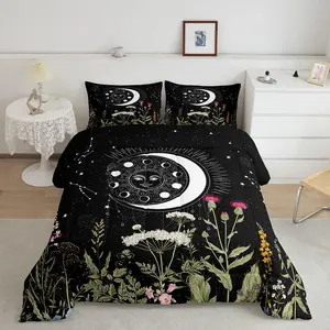 Sun Moon Comforter Set,Twin Full Queen King Size,Space Constellations Bedding Set Black,Galaxy Botanical Comforter, Cozy Soft All Season Duvet Set with Pillowcase Room Decor