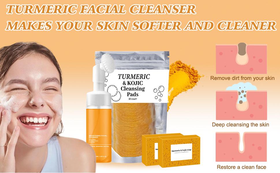 5Pcs Turmeric Wash and Care Three-Piece Set, Turmeric Facial Cleanser & Turmeric Soap Bar*3& Turmeric Face Scrub Pads, Face & Body Cleanser, Turmeric Cleansing Skincare Set, Deep Cleansing