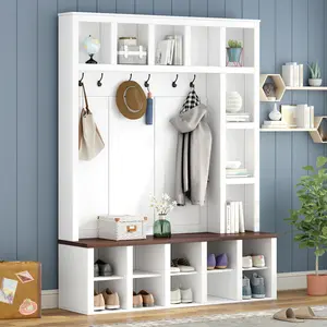 Farmhouse Wooden Hall Tree with 6 Hooks, Walnut Storage Bench with Adjustable Shelves, 4-in-1 Entryway Shoe Cabinet with Cubbies for Mudroom, Living Room, White, 76.7"H (OLD SKU: N721S000044K)