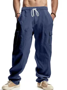 Men's Linen Cargo Pants Drawstring Multi-Pocket Straight Leg Breathable Outdoor Beach Casual Long Pants, 2026 Cross-Border Fashion