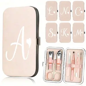 A 7-Piece Pink Travel Compact Manicure Set, Nail Clipper Set, Printed With White Letters A-Z And A Heart Pattern, This Manicure Organizer Includes Stainless Steel Tools, It's Perfect For On The Go, Traveling, Outings, Boarding School