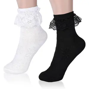 2pairs White Ruffle Socks for Women Turn-Cuff Lace Frilly Ankle Comfortable Cotton Princess Socks