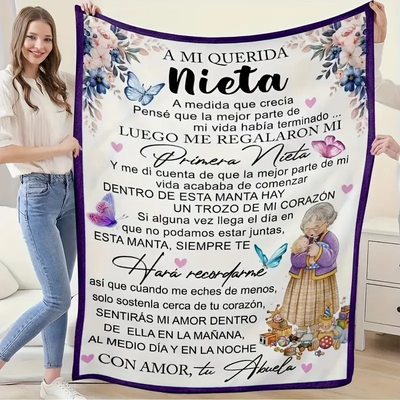 1pc Grandma's Love Gift Blanket - Spanish Floral Print Letters & Granddaughter Messages, Soft Flannel Lightweight All-Season Throw in Purple/Blue/Pink/White/, for Bed, Sofa, Travel, Birthday or Birthday Presents - From Abuela/Grandma, Grandma Gifts, Butte