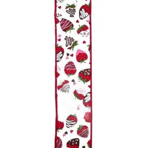 2.5" x 10yd Chocolate Covered Strawberries Ribbon – White/Multi