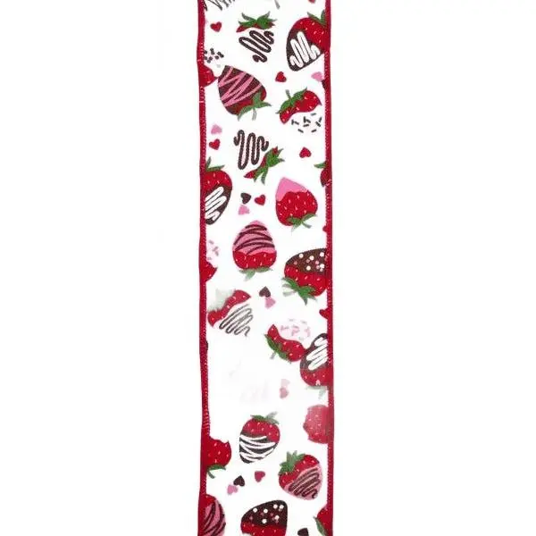 2.5" x 10yd Chocolate Covered Strawberries Ribbon – White/Multi