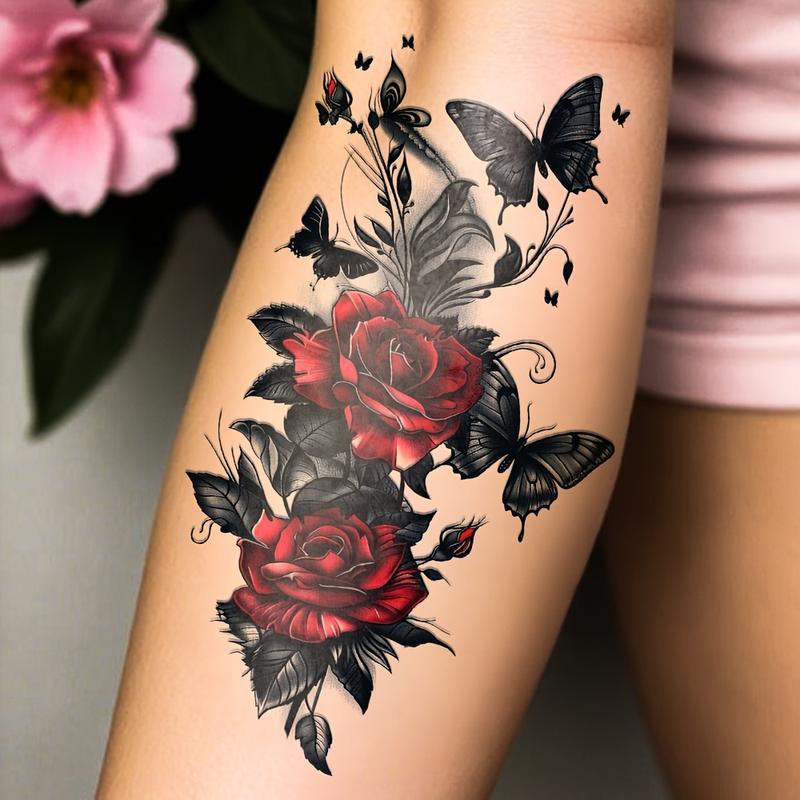 Non-Toxic Temporary Tattoos Sticker - Waterproof, Body-Safe Ink, Red Rose & Black Butterfly Oblong Body Makeup, 21x11.4cm Sheet for Adults (14+), Beauty & Personal Care for Arms