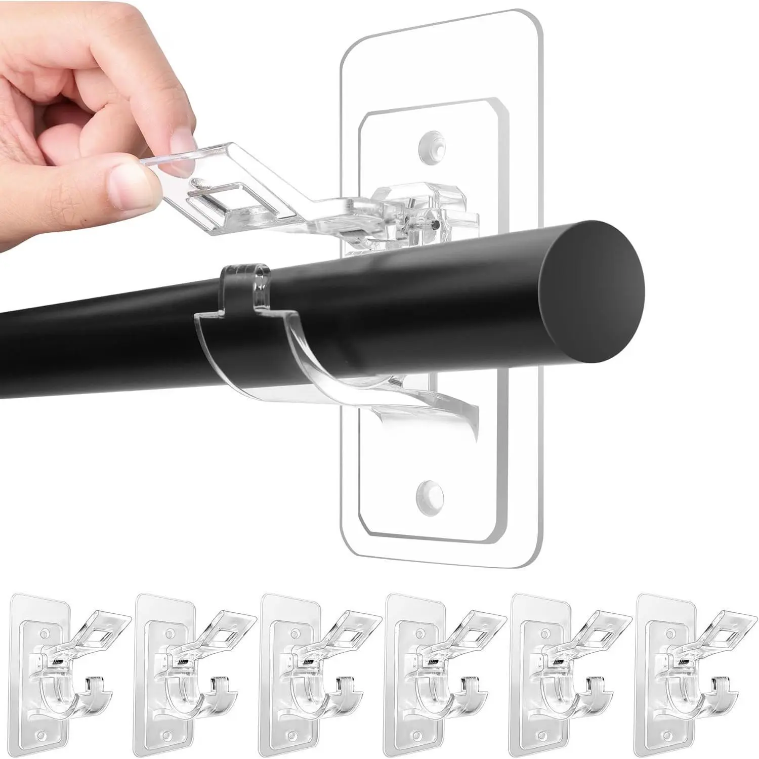 6-Pack Self-Adhesive Curtain Rod Holders Brackets with Acrylic Gel, Removable Sticky Hooks, No-Drill Nail-Free Design, Fits 0.5–1.18" for Mobile Phone Selfie Accessories Setup, Removable Adhesive Hooks, Transparent Pc
