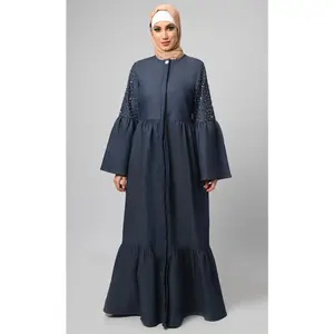 Women's Pearl Work Detailing Tiered Button Down Denim Abaya