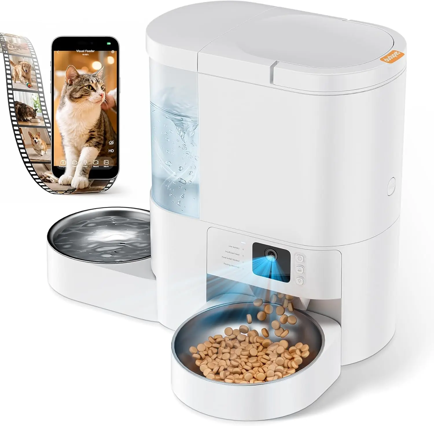 2-in-1 Automatic Cat Feeder with Camera Feed & Gravity Water Dispenser, 2K HD Video, Night Vision, 5G App Controlled Timed Meals Feeder, 4L Food Tank, 3L Waterer, 2-Way Audio for Cats & Small Dogs