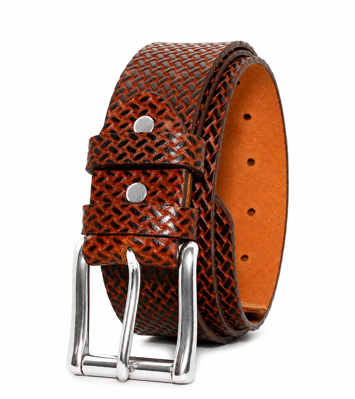 Men's 1.5" Full Grain Buffalo Leather Belt, Handmade Amish Basket Weave Heavy Duty Belt with Silver Roller Pin Buckle, Long-Lasting Durable Design