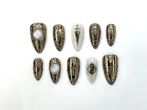 Terra Nails – Golden Knight Press On Nails | Antique Bronze Sword & Shield Nail Art | Medieval Armor Nails | Royal Metallic 3D Design