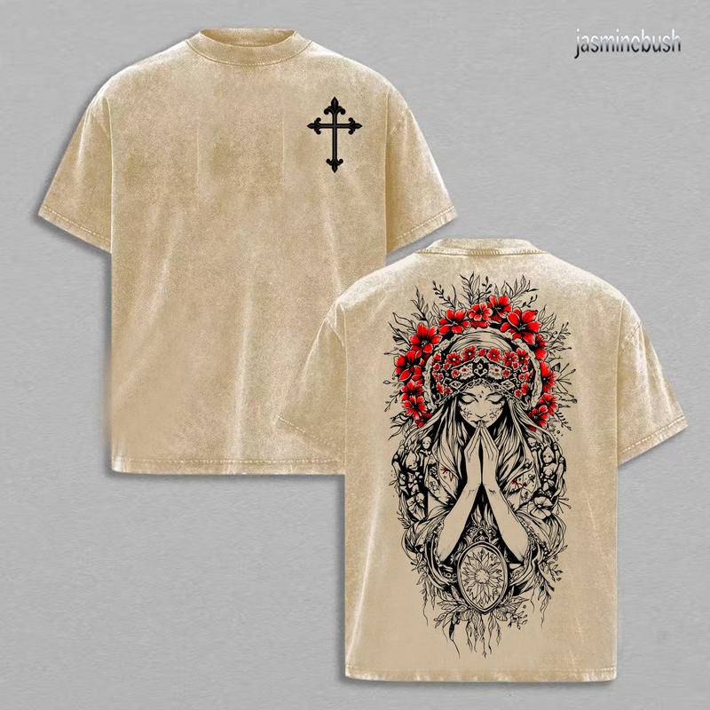 Christian Cross & Virgin Mary Double Printed Vintage Washed Tee, Unisex Oversized Heavyweight Cotton T-shirt, Faith Streetwear Religious Shirt, Grunge Aesthetic , Church Outfit Gym Pump Cover