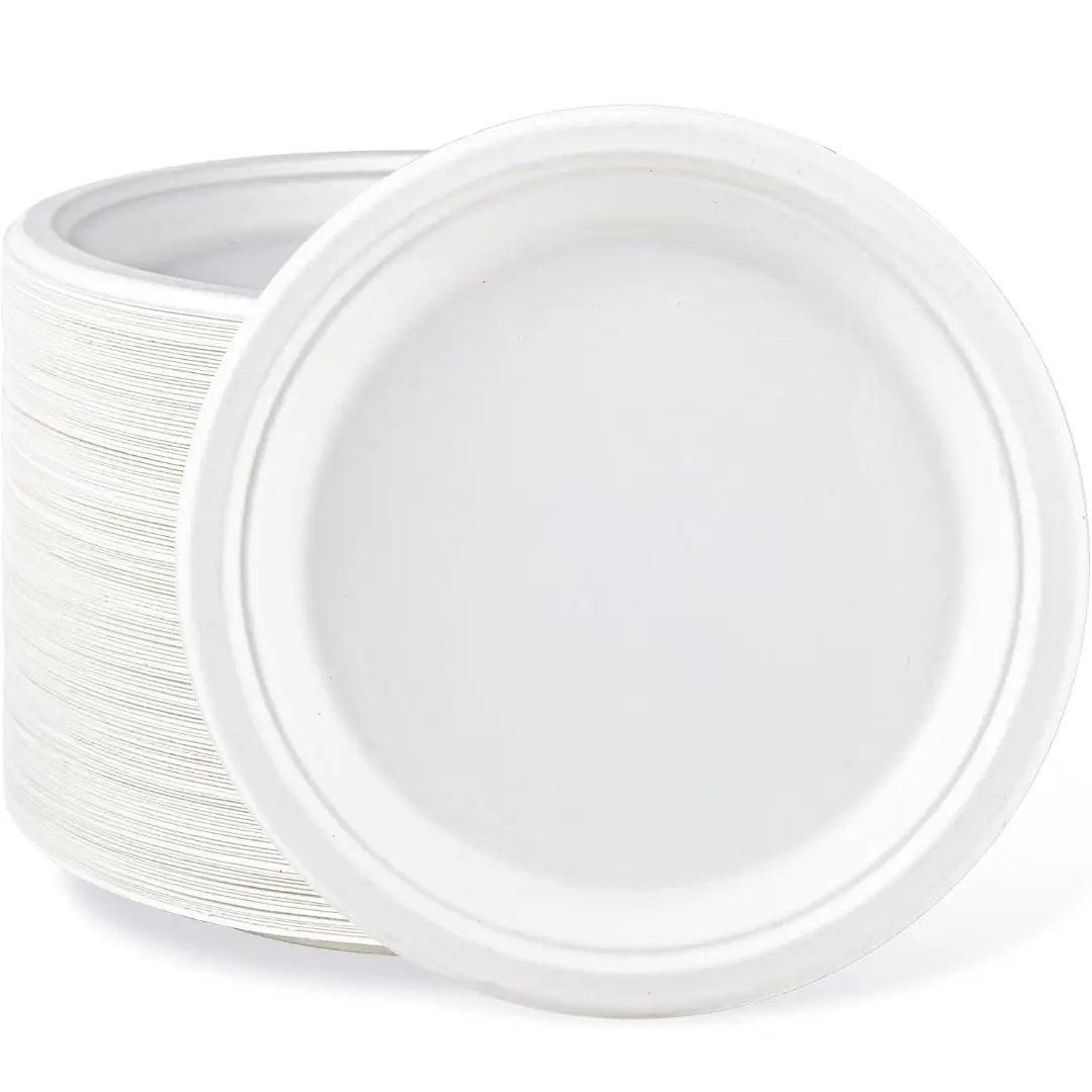 100% Sugarcane Fiber Bagasse Disposable Plates - Eco-Friendly, Super Rigid, Strong, Leak-Proof, Microwave-Safe Biodegradable Tableware for Business, Parties, Bonfire Events (Replaces Plastic Disposable Plates)