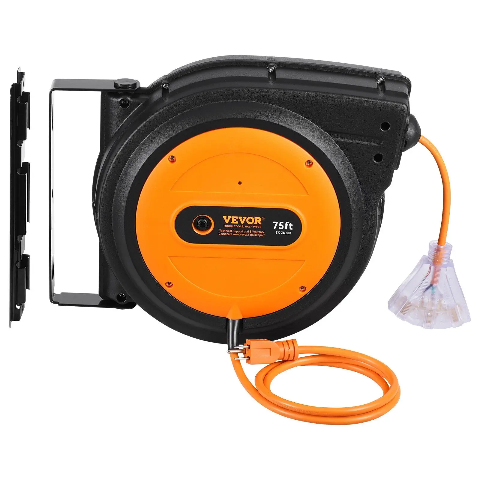 VEVOR Automatic Retractable Corded Reel, 75FT 14AWG/3C SJTOW with 4.5 ft Lead-In Cord, Bracket for Garage Use, Retractable Extension Cord